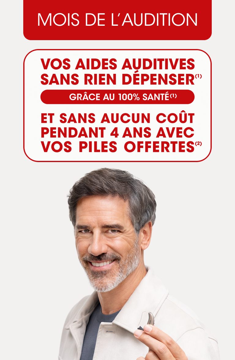 Mois de l'audition, 10 millions de personnes sont concernées par des troubles de l'audition. Testez gratuitement votre audition dans l'un de nos 400 centres. Deux personnes d'une cinquantaine d'années sourient, elles portent un casque noir.